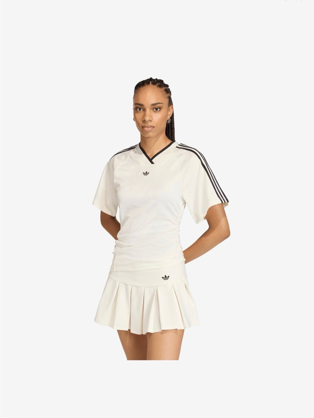 adidas | V-Neck Waist Cinching Short Sleeve Tee with Black Shoulder Stripes